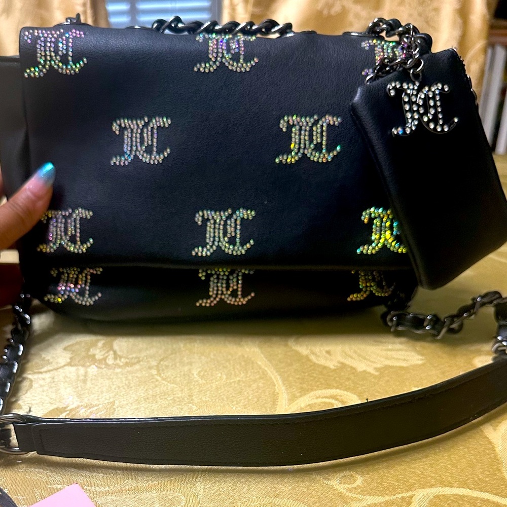 Juicy Couture Black Taking The Lead Crossbody Bag with Monogram rhinestones